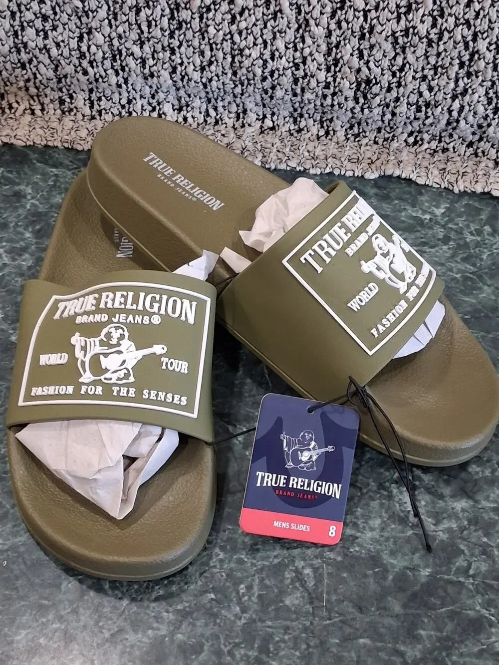 True Religion Olive Green And White Kendrick Slides Men's size 8 Slip On NEW!